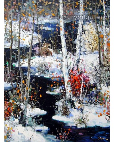 ציור שמן מופשט יער מושלג ונחל